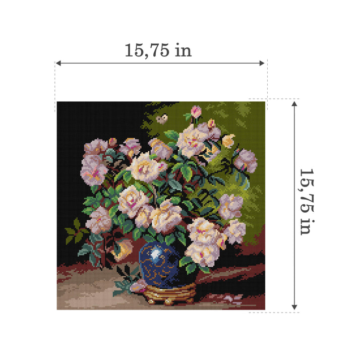 Roses in a Cobalt Vase 3480L Needlepoint canvas for halfstitch without yarn