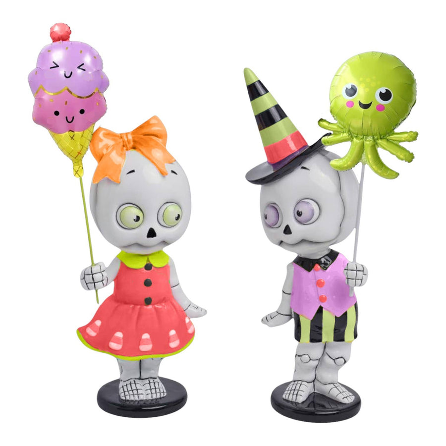Set of two Summerween ghost kid figures holding balloons, large display piece