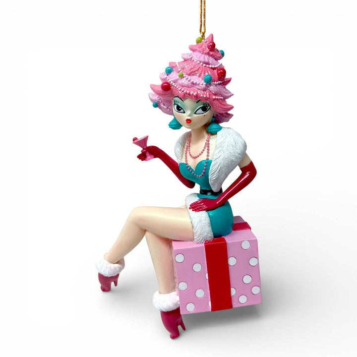 Miss Holly Daze 6.5 inch Martini Lady on Present ornament by Miss Fluff for December Diamonds, retro vintage collectible