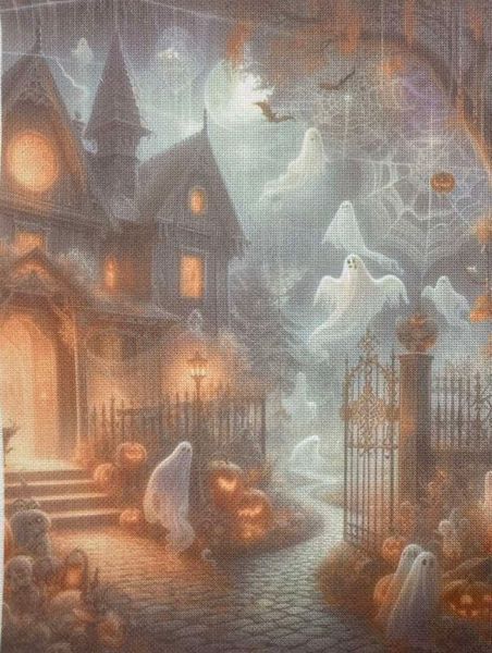 Ghostly Manor Designer Printed AIDA Fabric. Canvas for embroidery with an applied background  KF-1381A