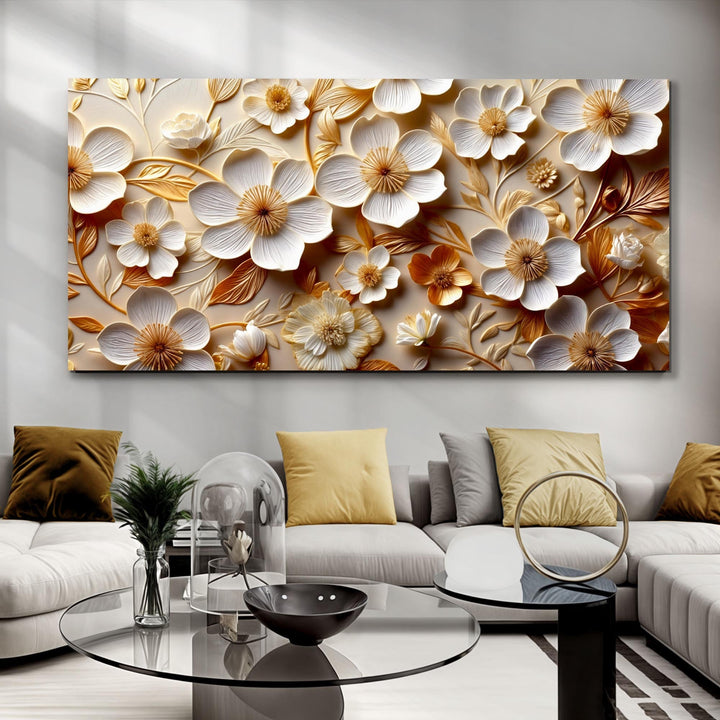 White And Golden Blooms Impasto Wall Art