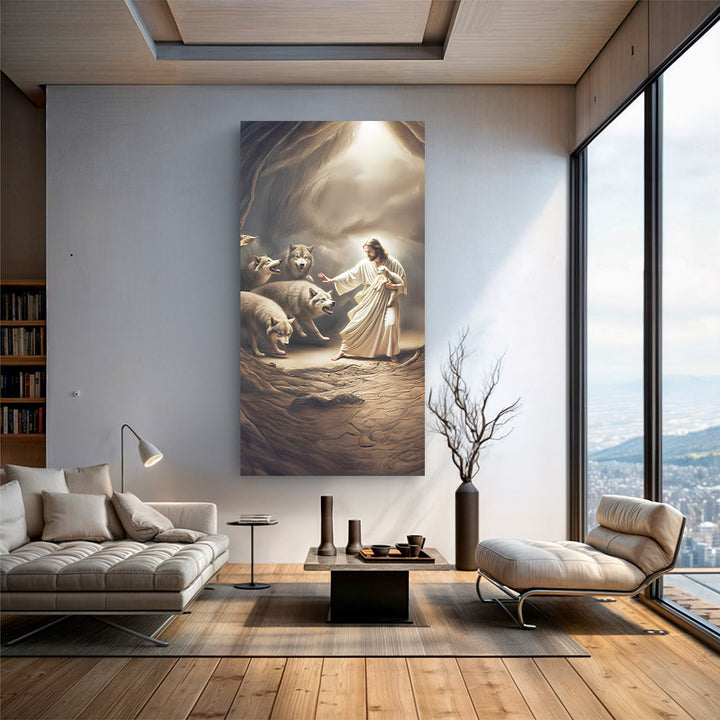 Jesus Protects The Lamb From Wolves Faith Wall Art VII