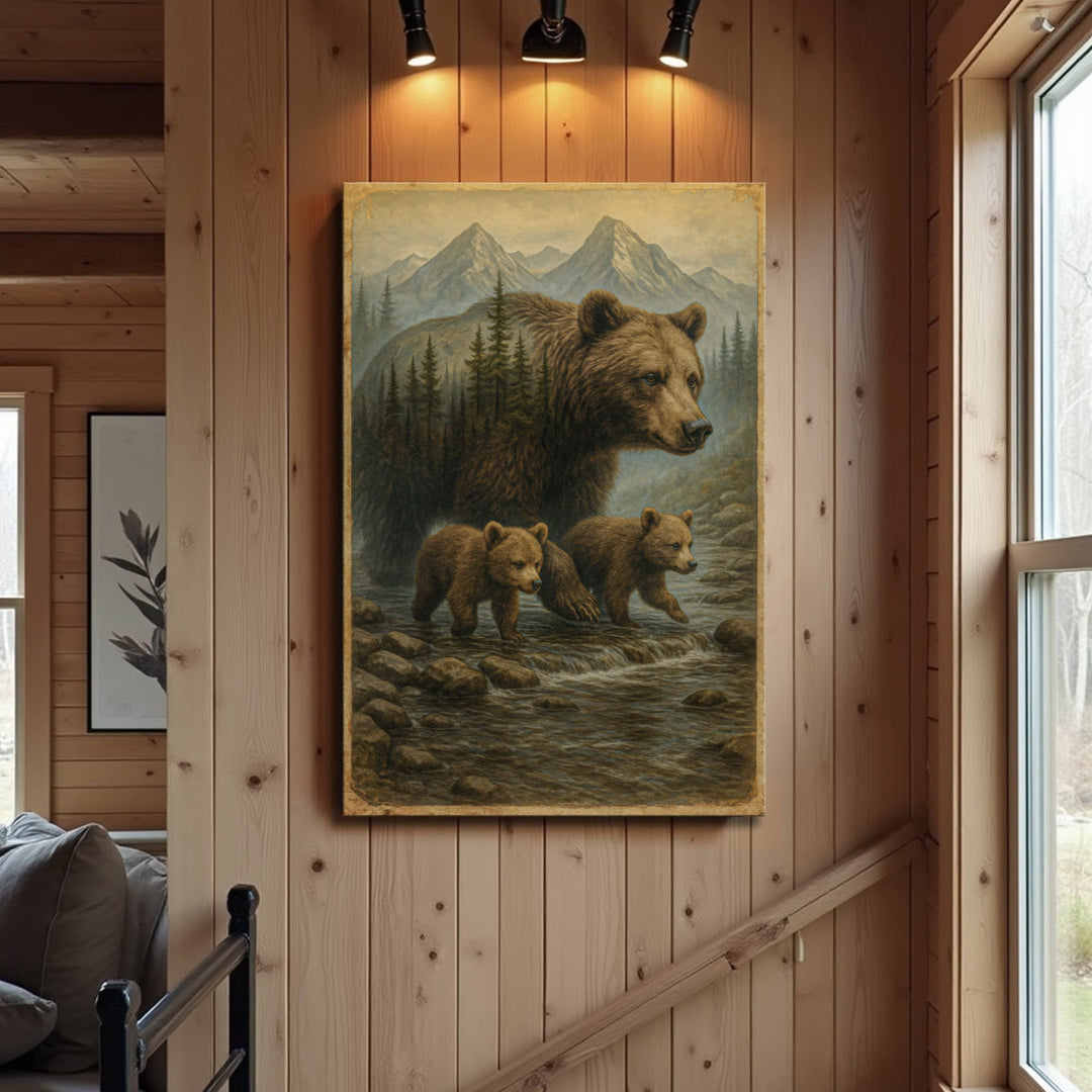 Mother Bear and Cubs Crossing Double Exposure Wall Art