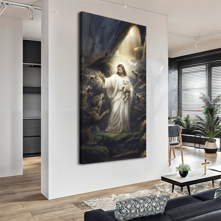 Jesus Protects The Lamb From Wolves Faith Wall Art XV
