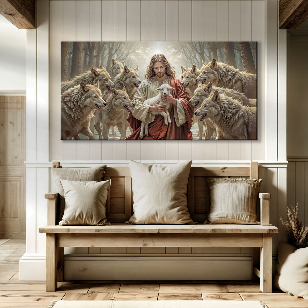 Jesus Protects The Lamb From Wolves Faith Wall Art II