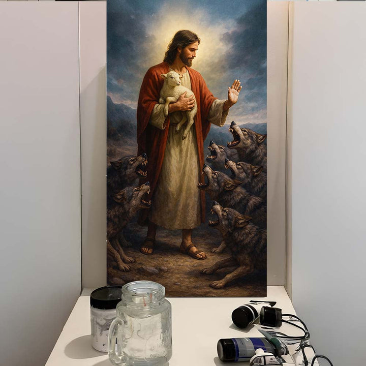 Jesus Protects The Lamb From Wolves Faith Wall Art V