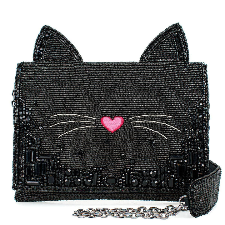 Kitty Couture Black and Pink Beaded Cat Crossbody Handbag
