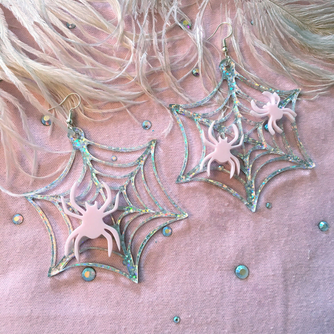 Iridescent/Pink Spider Web Acrylic Earrings