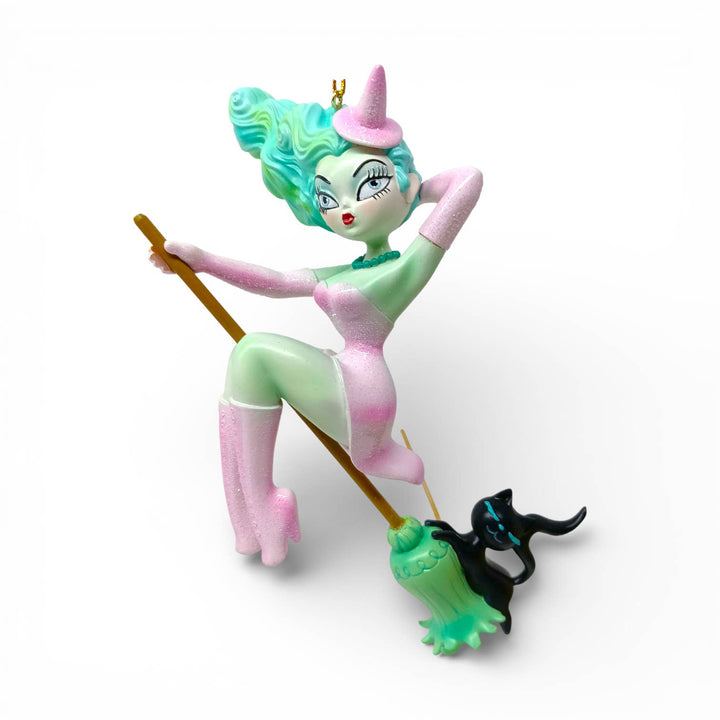 Loretta 6.5 inch Pastel Candy Witch on Broom ornament by Miss Fluff for December Diamonds, Halloween Christmas collectible