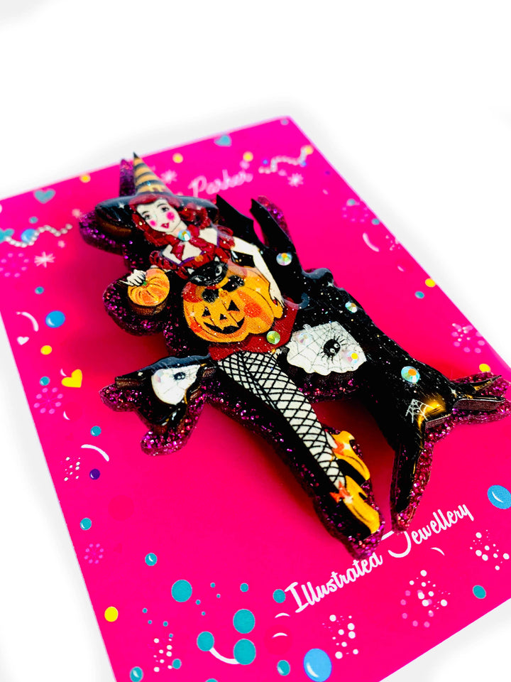 Meggie the Witch & her Pumpkin Cat Brooch by Rosie Rose Parker