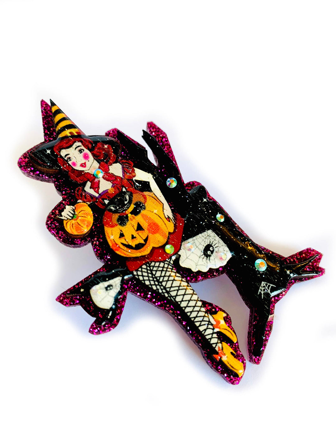 Meggie the Witch & her Pumpkin Cat Brooch by Rosie Rose Parker