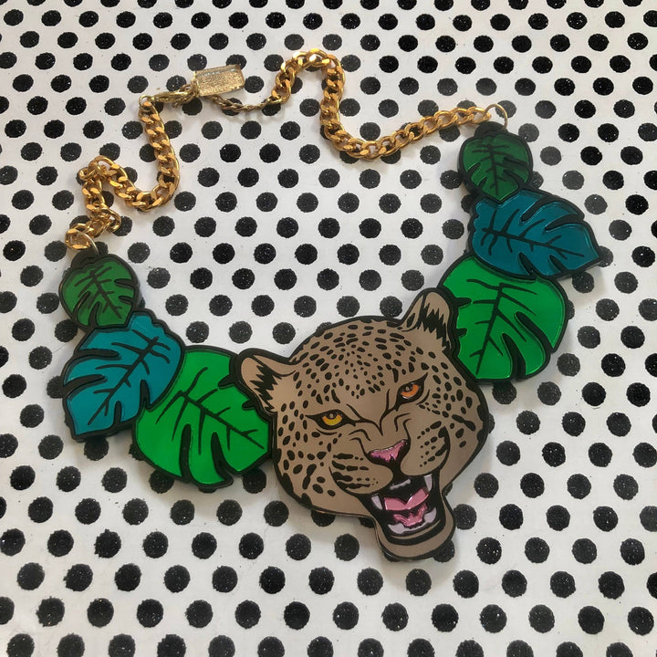 Leopard And Jungle Leaves Necklace