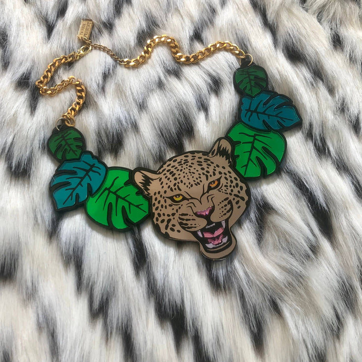 Leopard And Jungle Leaves Necklace