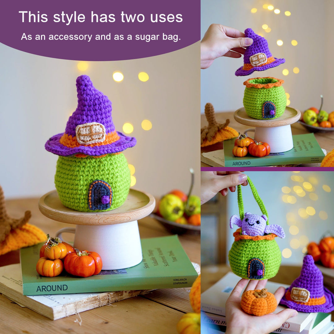 Little Witch House with Bat. Halloween Amigurumi DIY Crochet Kit Wizardi F07N8-M103