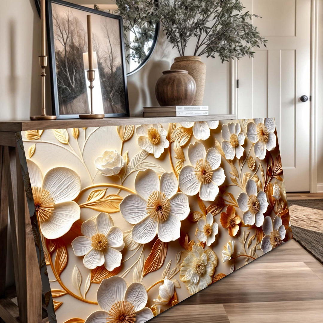 White And Golden Blooms Impasto Wall Art