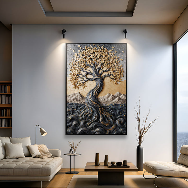 Golden Tree of Life Minimalist Impasto Wall Art