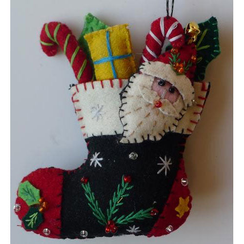 5" Black Stocking w/Gifts & Santa's Face by Stitch by Stitch image