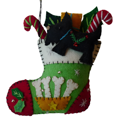 5" Green Stocking w/Gifts & Black Dog