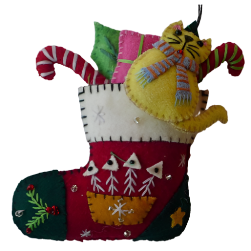 5" Red Stocking w/Yellow Cat & Gifts