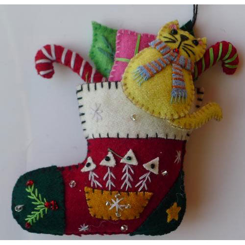 5" Red Stocking w/Yellow Cat & Gifts by Stitch by Stitch image