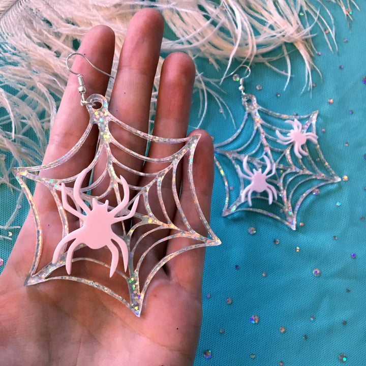 Iridescent/Pink Spider Web Acrylic Earrings