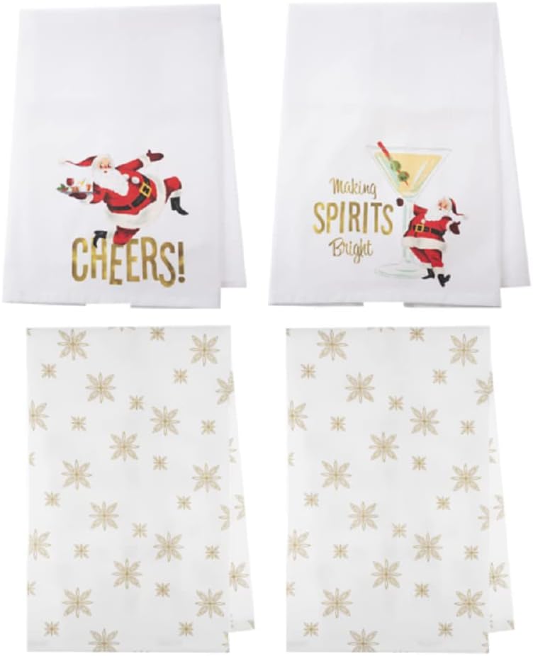 Santa Tea Towel Set -Cheers/Making Spirits Bright, 28-inch Length, Cotton, Set of 4