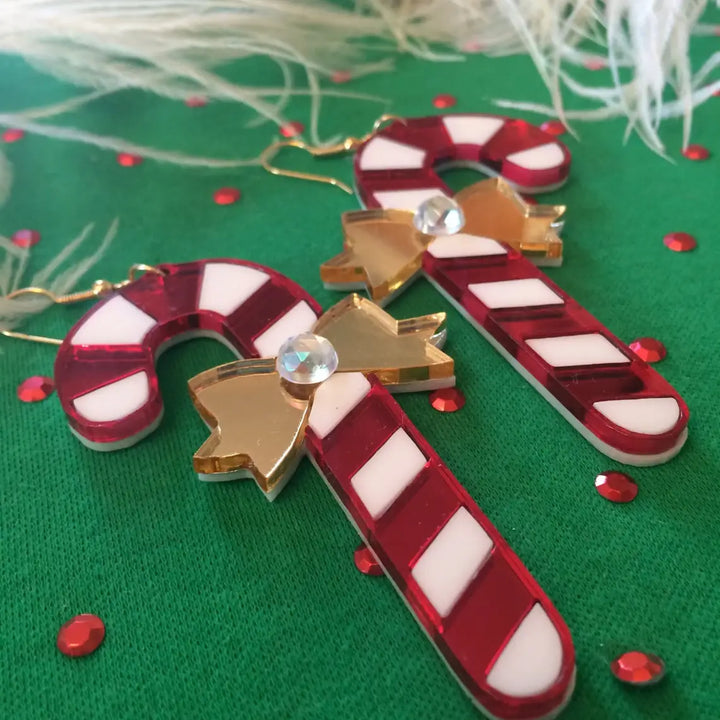 Christmas Candy Cane & Bows Statement Earrings