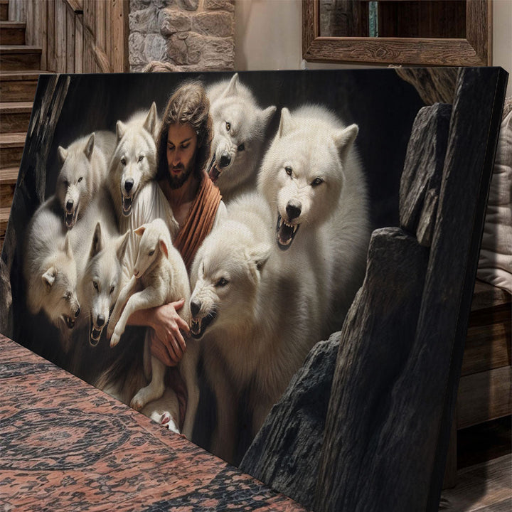 Jesus Protects The Lamb From Wolves Faith Wall Art IV