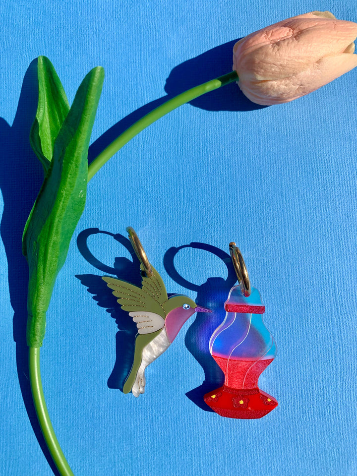 Hummingbird & Feeder Acrylic Statement Earrings