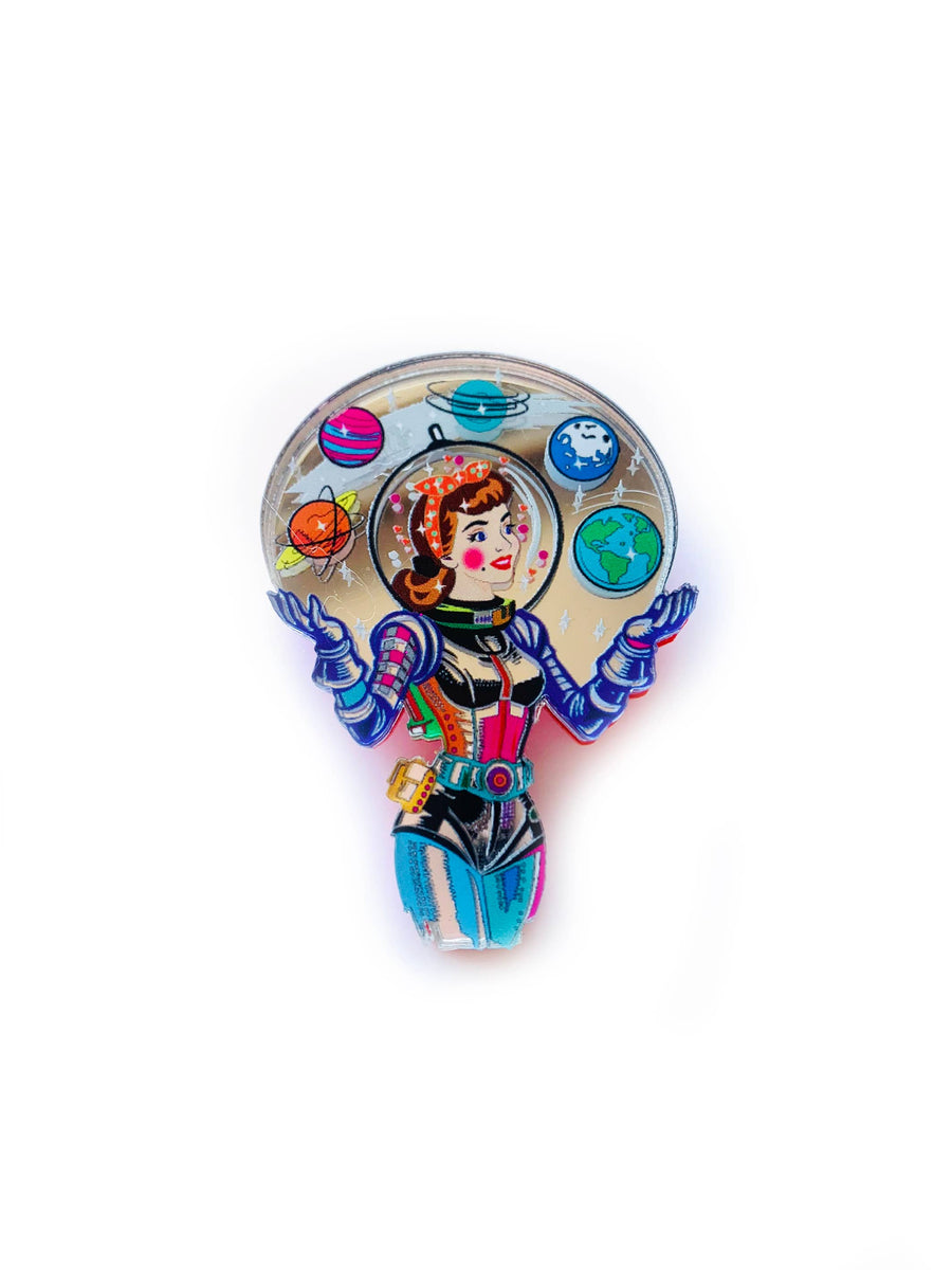 Space Girl Juggling Planets Brooch by Rosie Rose Parker