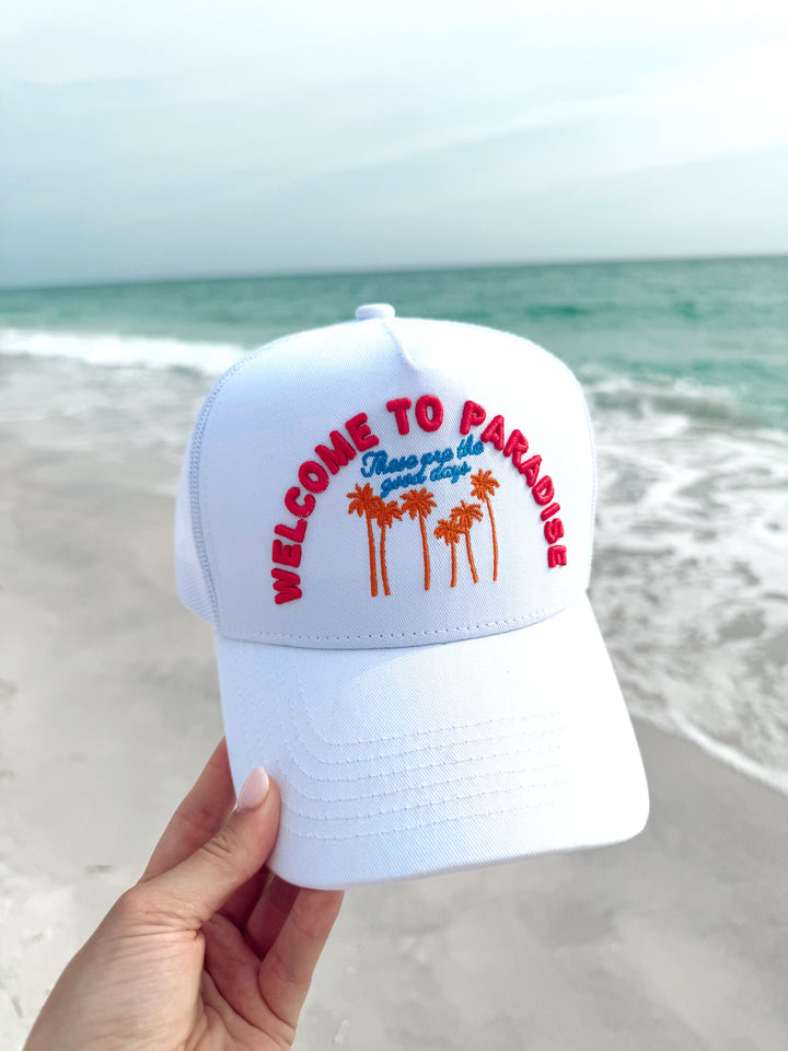 Welcome to Paradise - White Vintage Trucker Hat