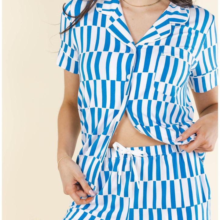 The Hamptons | Blue Mosaic Stripe SleepDeep™ Button Down Short Pajama Set