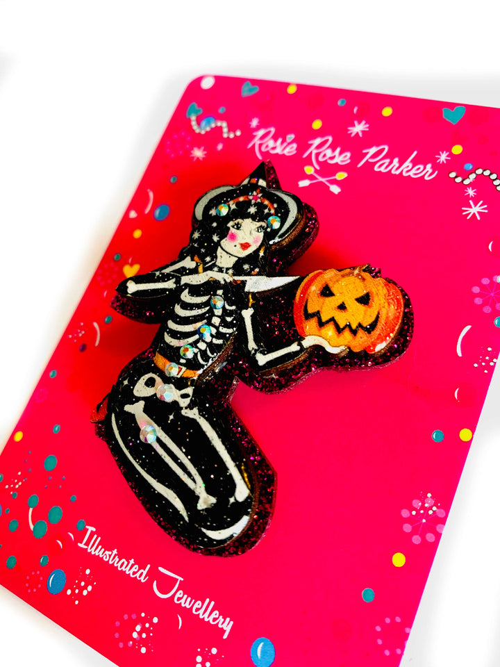 Pumpkin Carving Witch Brooch by Rosie Rose Parker