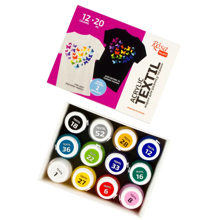 Rosa Talent HEART Textile Acrylic Paint Set. 12 colors (0.68 oz) and including 2 metallic