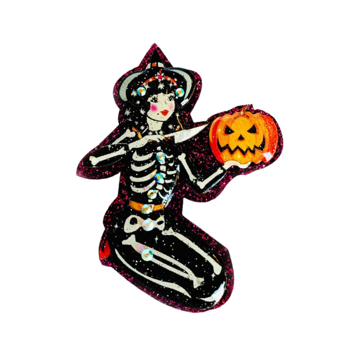 Pumpkin Carving Witch Brooch by Rosie Rose Parker