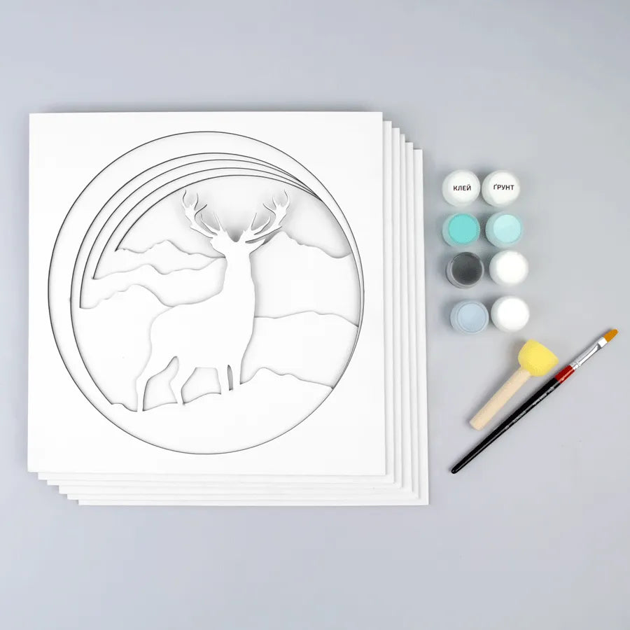 Rosa Talent Deer in the Mountains - 3D Painting Set. Primed Fiberboard. 6 Layers. 11.81*11.81 inches.