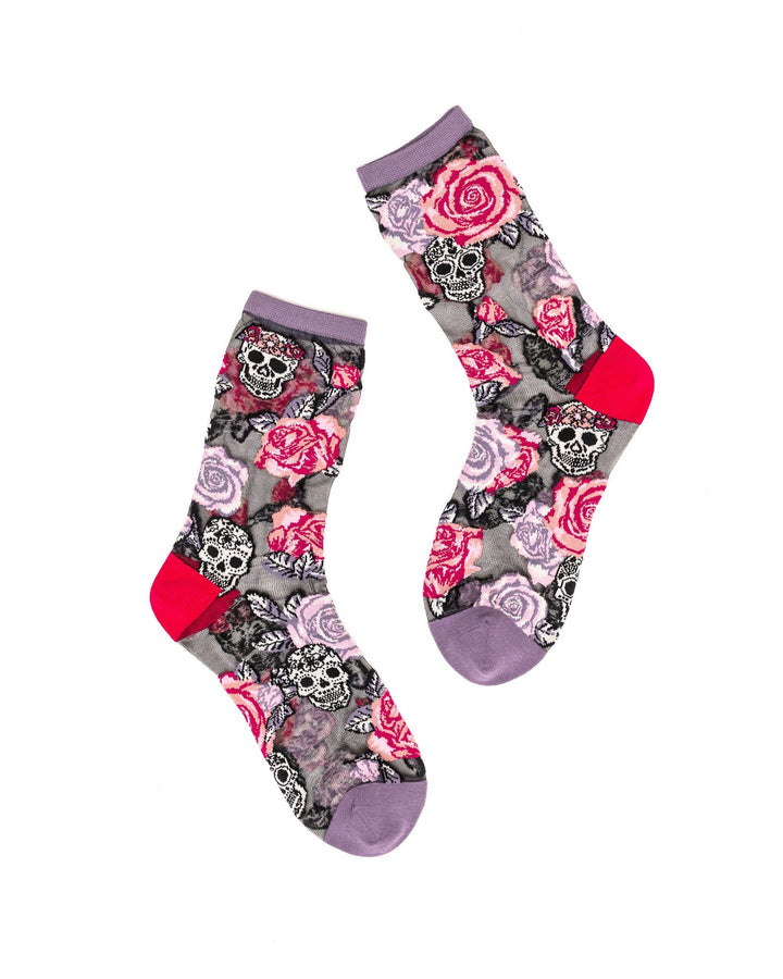 Skulls & Roses Black Sheer Crew Sock