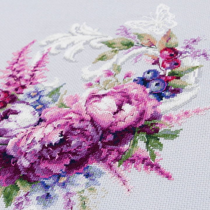 Purple Silk Peonies Counted Cross Stitch Kit by Magic Needle 70-04