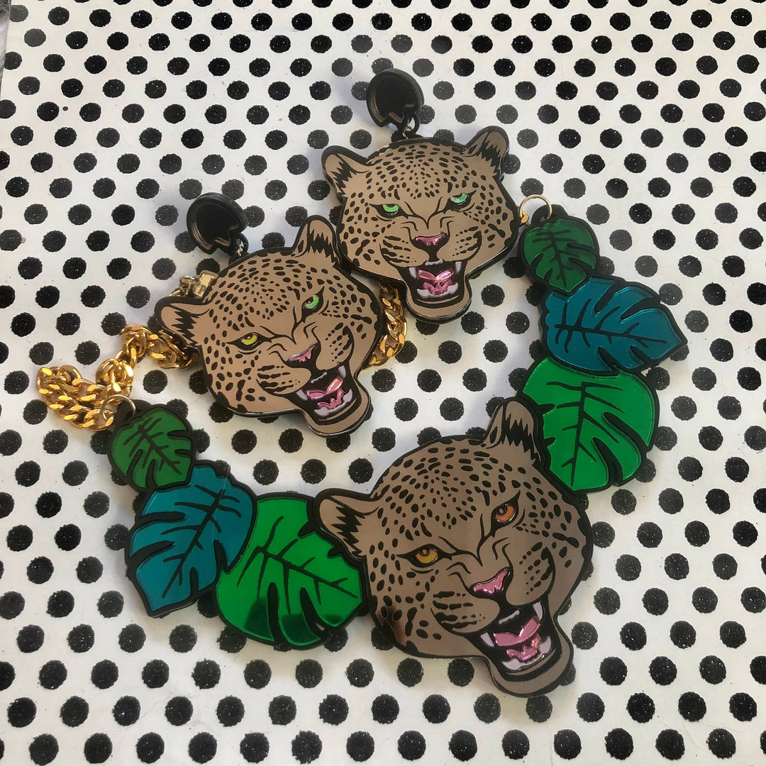 Leopard And Jungle Leaves Necklace