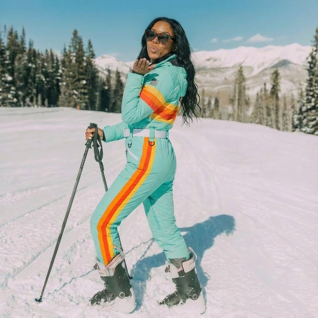 The Midday Aprés | Teal and Orange Retro Stripe Women's One Piece Ski Suit