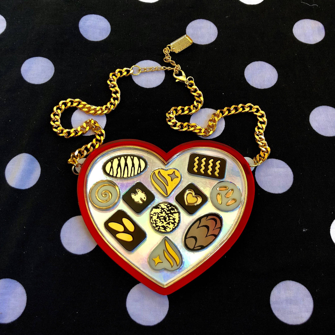 Heart Shaped Chocolate Box Necklace, Valentine'S Day, Laser Cut Acrylic, Plastic Jewelry