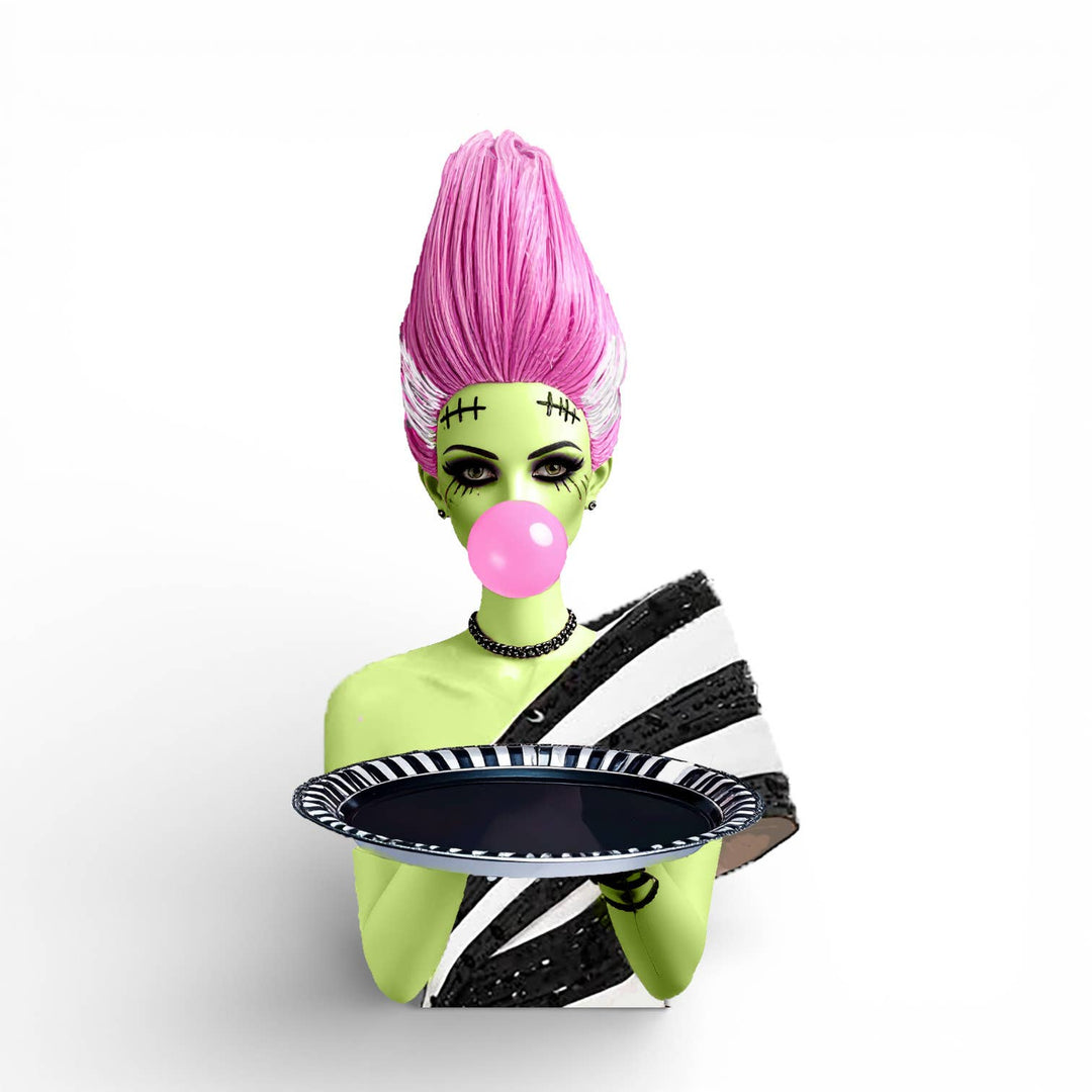 18 inch pink haired bubblegum monster bride bust holding a serving tray