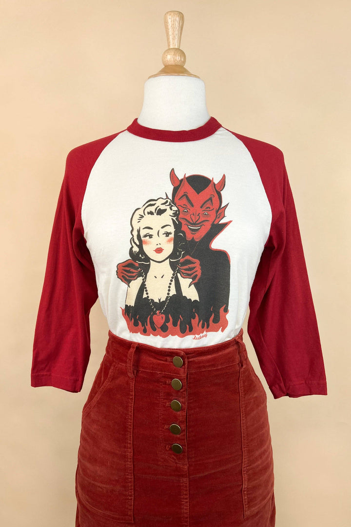 Deal with the Devil Unisex Raglan Tee in Natural/Red: Unisex
