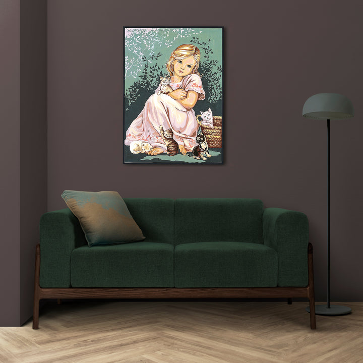 Needlepoint canvas for halfstitch without yarn Canvas Little Girl with Cats SE929.116 Seg De Paris Printed Tapestry Canvas
