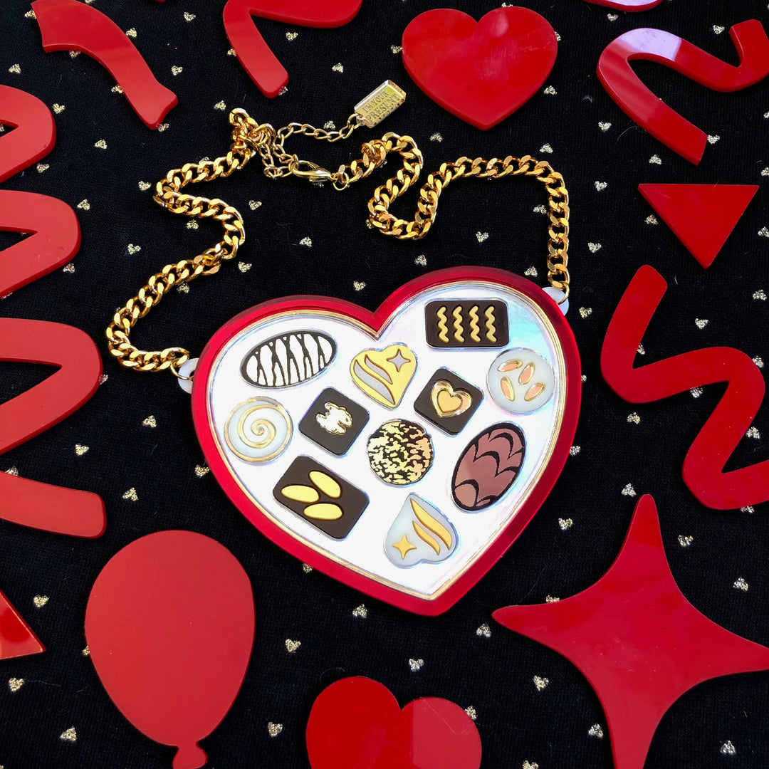 Heart Shaped Chocolate Box Necklace, Valentine'S Day, Laser Cut Acrylic, Plastic Jewelry