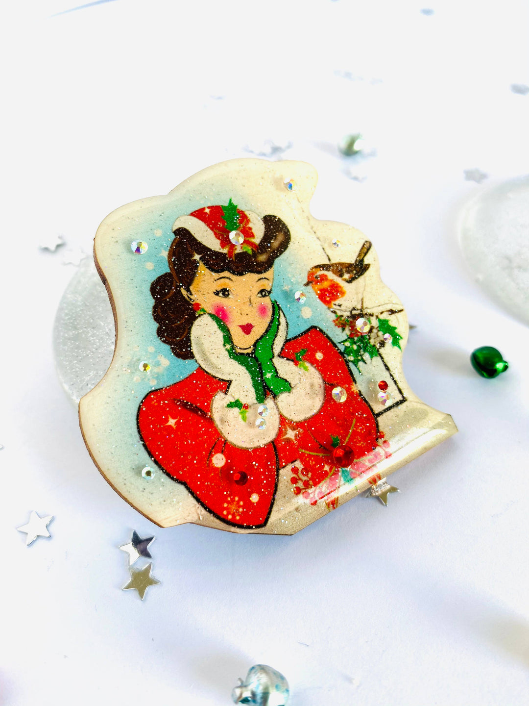 Red Robin and Christmas Lady Brooch by Rosie Rose Parker