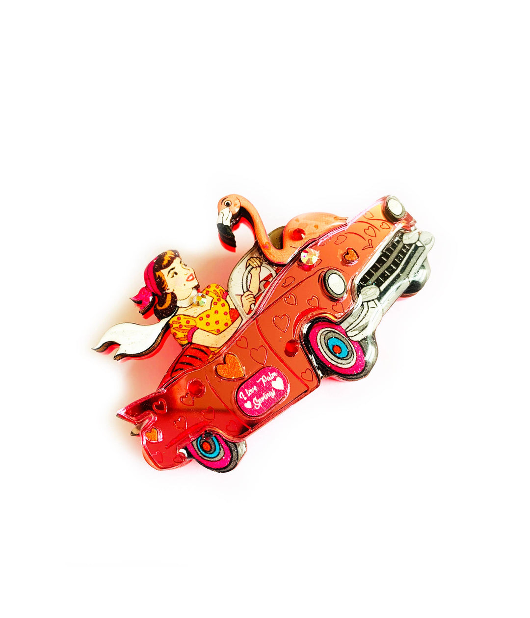 Frankie & the Flamingo Car Brooch by Rosie Rose Parker