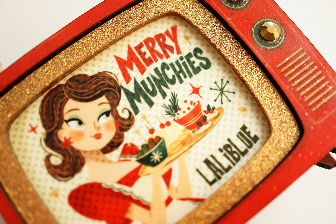 Pin-up hostess with snack tray close up, LaliBlue Christmas jewelry, retro