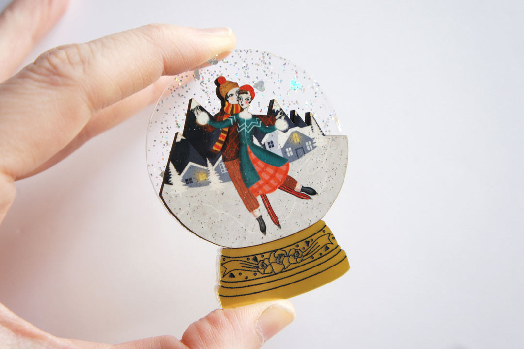 Ice Skating Snow Globe Brooch