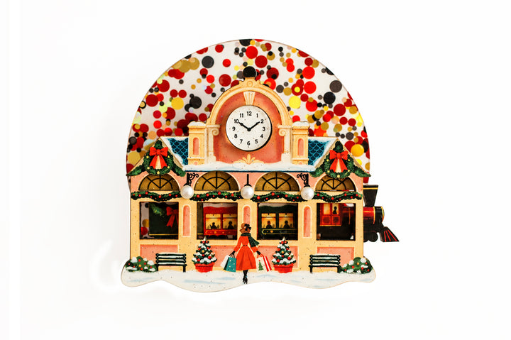Christmas train station brooch by LaliBlue: Christmas jewelry, interactive sliding train, clock, vintage, illustrated wood, acrylic jewelry, pre-order